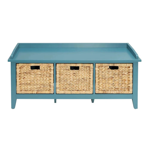 Banc de rangement en bois massif bleu sarcelle de 43 pouces avec paniers en rotin