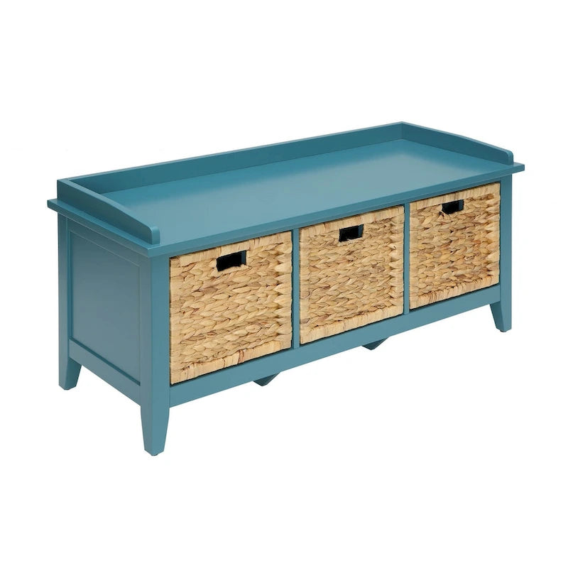 43-inch Teal Blue Solid Wood Storage Bench with Rattan Baskets