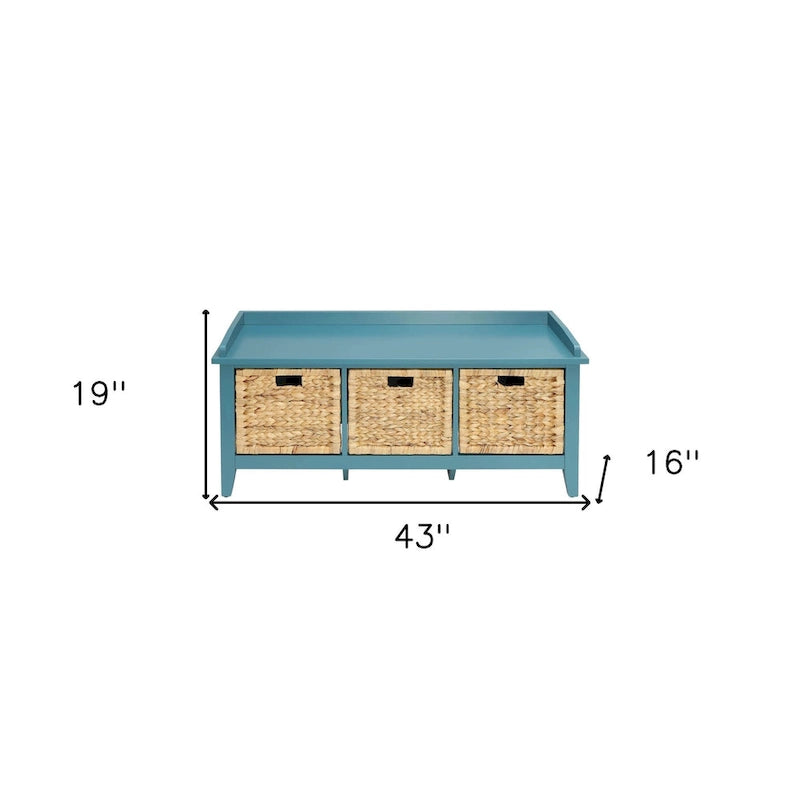 43-inch Teal Blue Solid Wood Storage Bench with Rattan Baskets