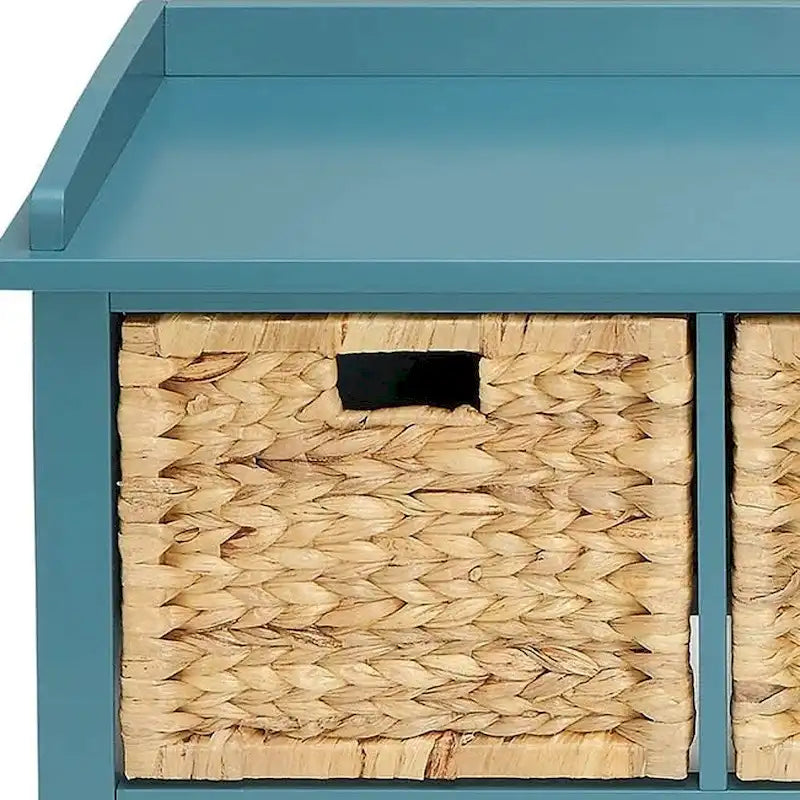 43-inch Teal Blue Solid Wood Storage Bench with Rattan Baskets
