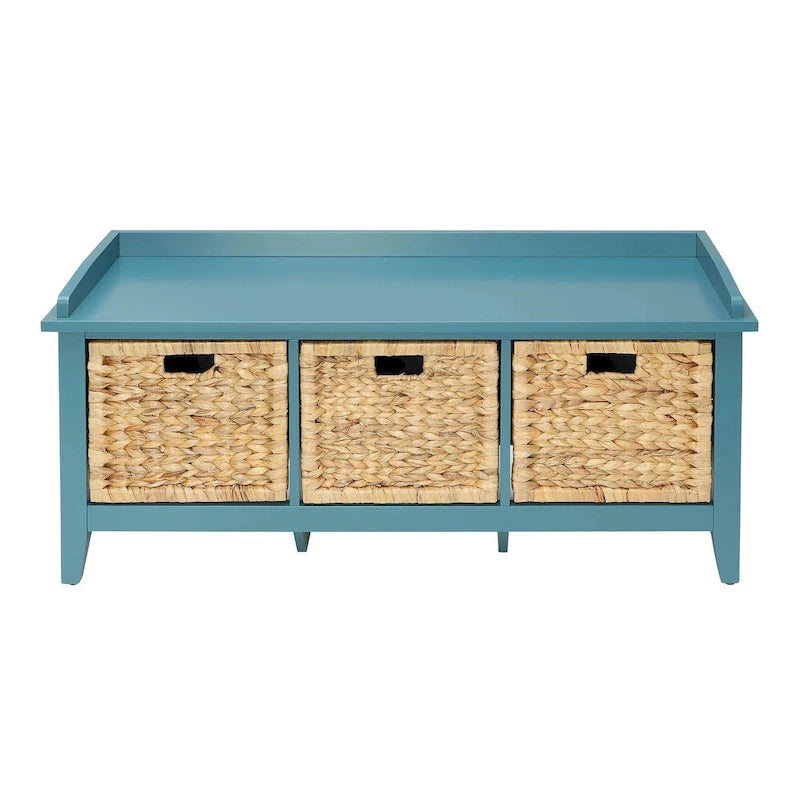 43-inch Teal Blue Solid Wood Storage Bench with Rattan Baskets
