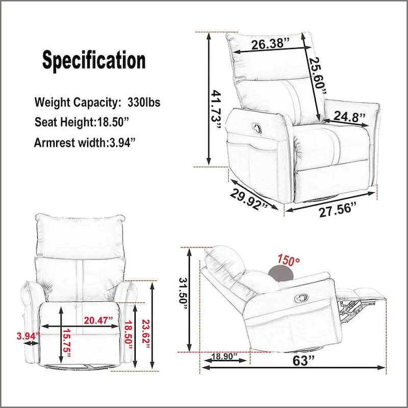 Modern PU Leather Rocker Seating Glider Swivel Recliner Chair