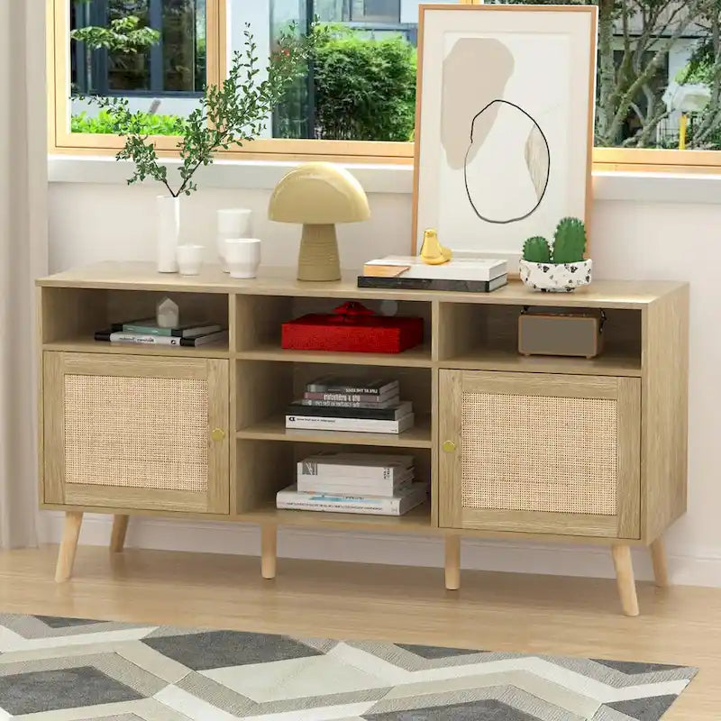 Modern Rattan Wood TV Stand Console Table - 59", Fits TVs up to 65"