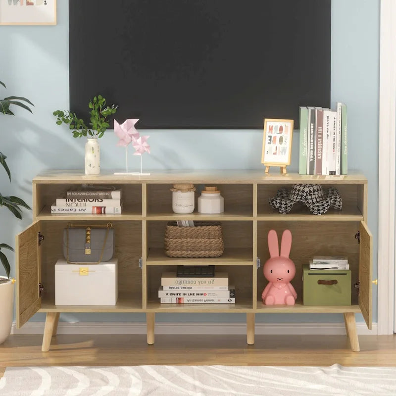 Modern Rattan Wood TV Stand Console Table - 59", Fits TVs up to 65"