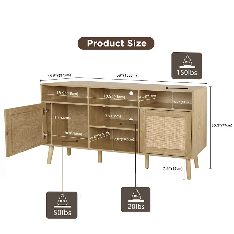 Modern Rattan Wood TV Stand Console Table - 59", Fits TVs up to 65"
