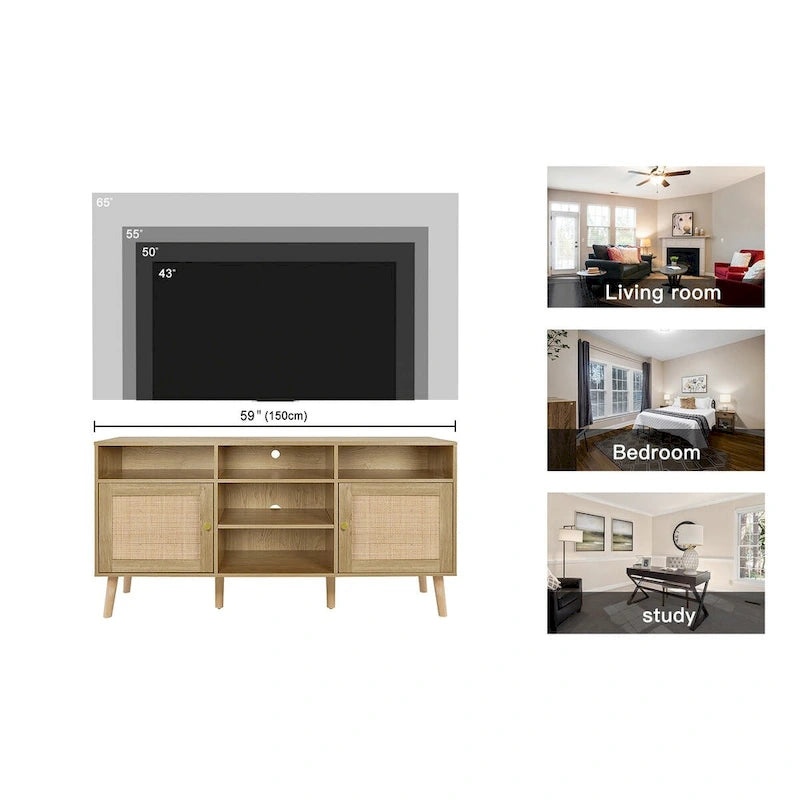 Modern Rattan Wood TV Stand Console Table - 59", Fits TVs up to 65"