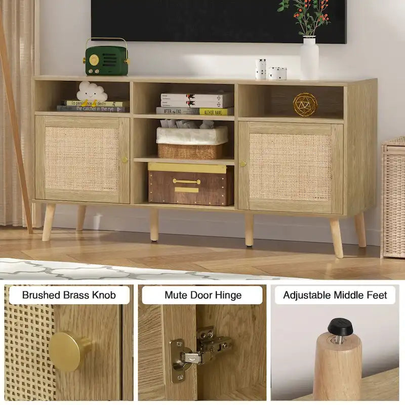 Modern Rattan Wood TV Stand Console Table - 59", Fits TVs up to 65"