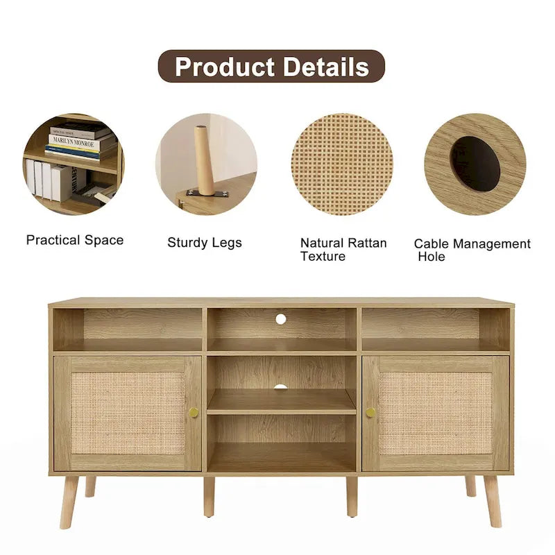 Modern Rattan Wood TV Stand Console Table - 59", Fits TVs up to 65"