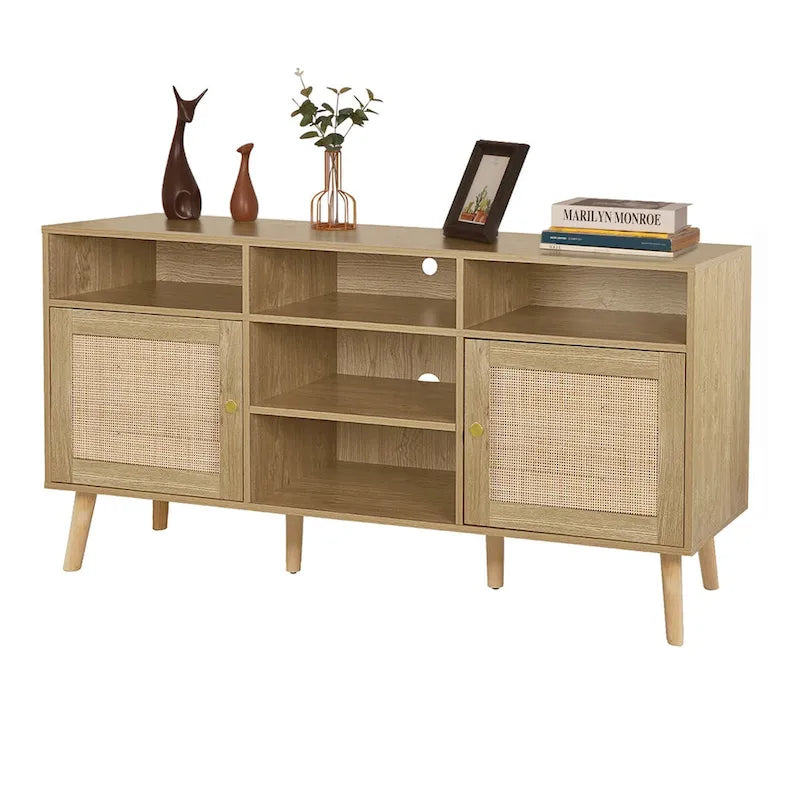 Modern Rattan Wood TV Stand Console Table - 59", Fits TVs up to 65"