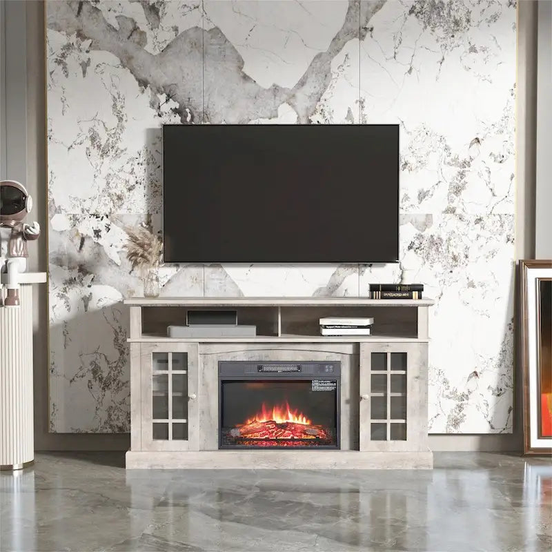 Meuble télé avec cheminée électrique et télécommande