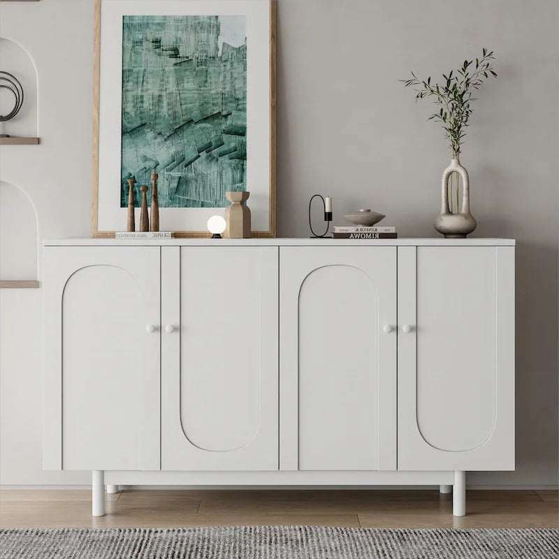 Meuble de rangement élégant et fonctionnel à 4 portes pour le salon, avec pieds en pin, poignées en bois massif et structure en MDF.
