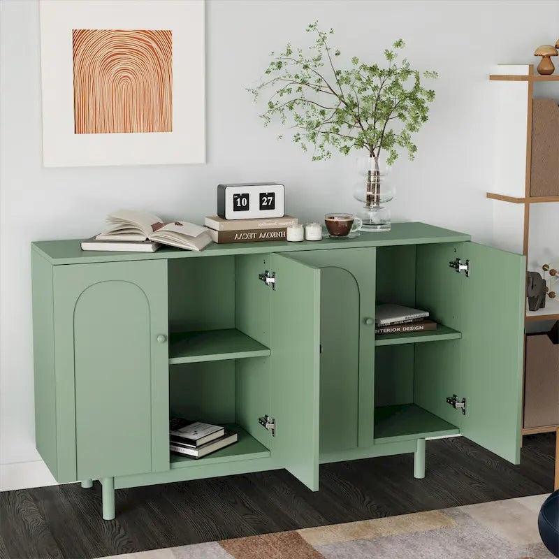 Meuble de rangement élégant et fonctionnel à 4 portes pour le salon, avec pieds en pin, poignées en bois massif et structure en MDF.