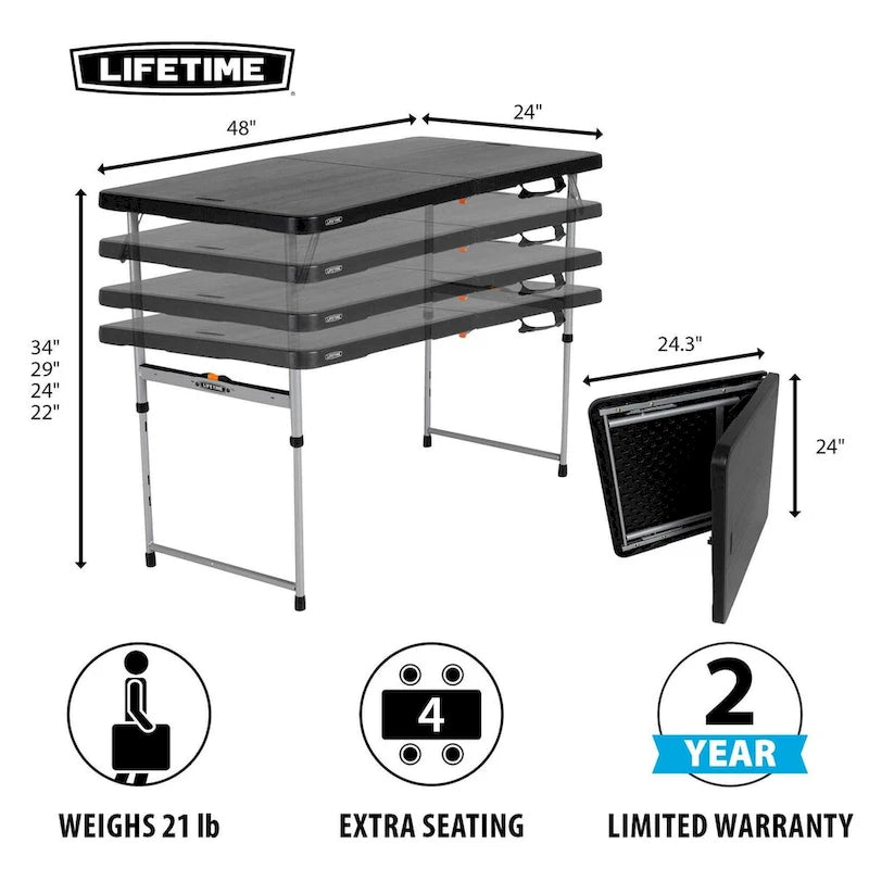 4-Foot Fold-In-Half Adjustable Table, Black (Light Commercial)