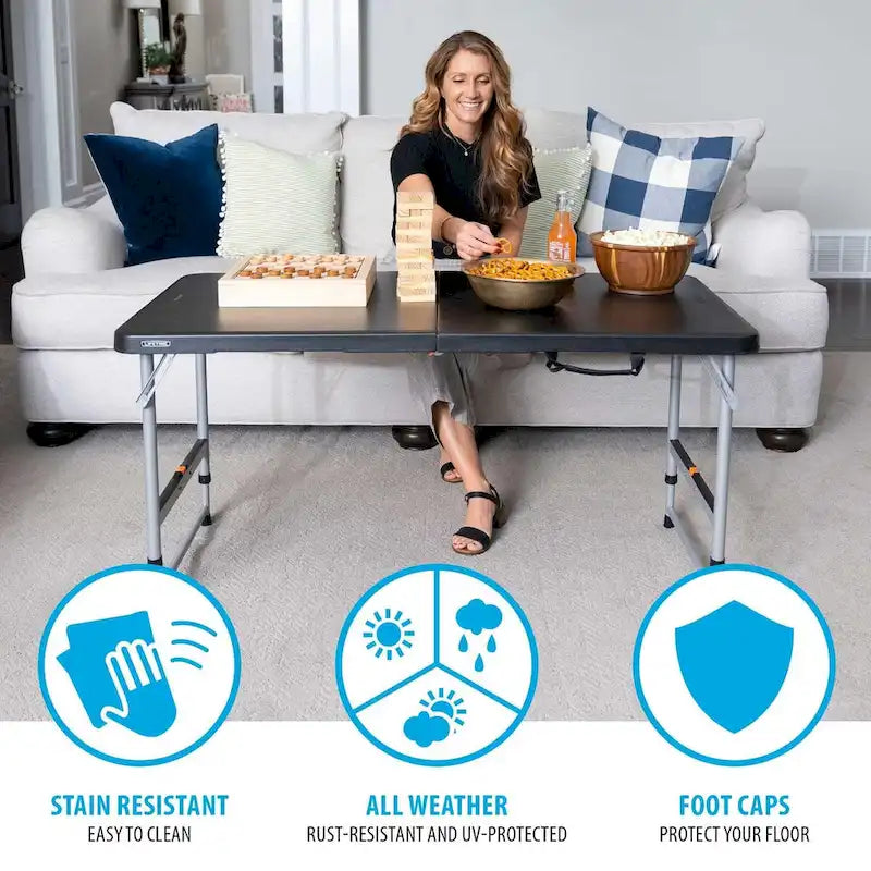 4-Foot Fold-In-Half Adjustable Table, Black (Light Commercial)