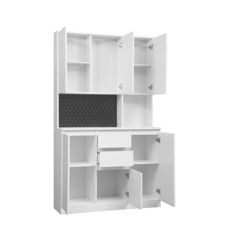 Kitchen Pantry Cabinet with Microwave Stand and 2 Drawers, Freestanding Buffet Cupboards Sideboard with Charging Station