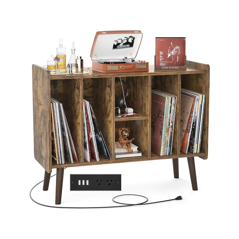 Meuble tourne-disque avec prise électrique et ports USB, table de rangement pour disques vinyles, étagère de présentation pour vinyles