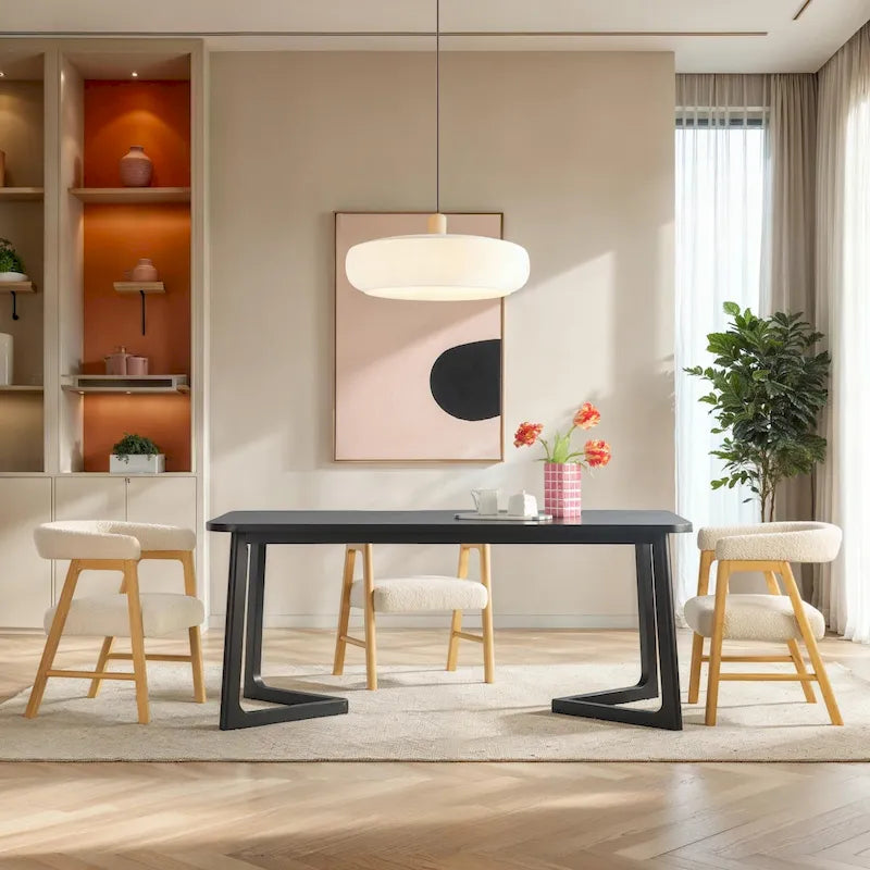 Table à manger moderne en bois massif avec piètement géométrique