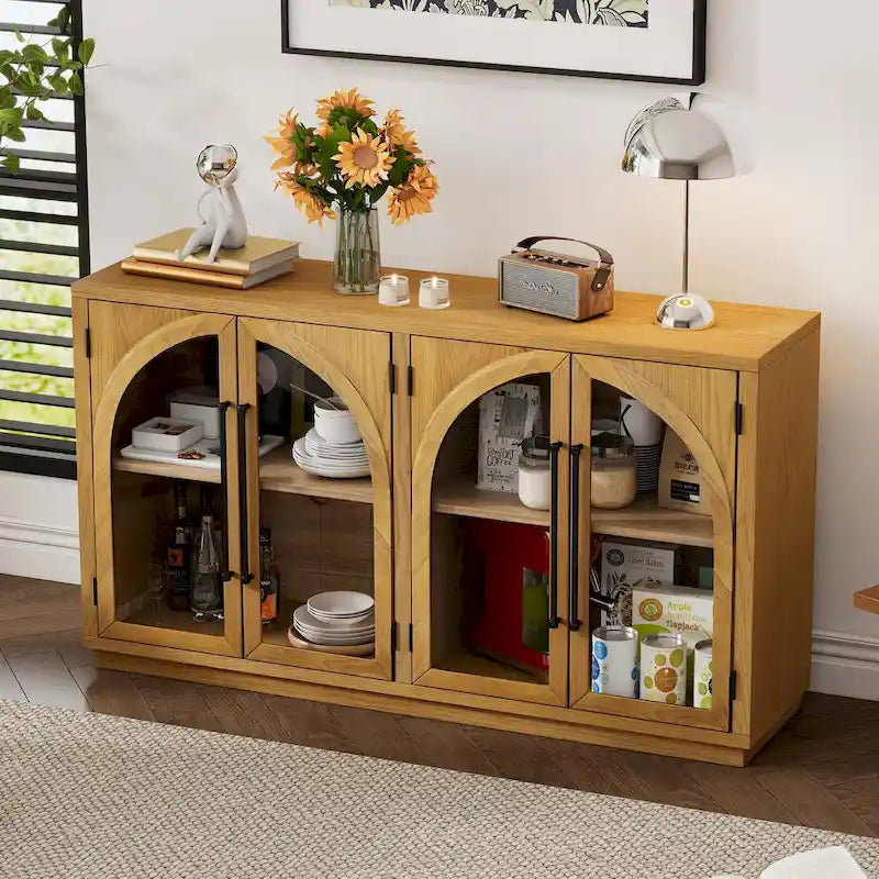 60 Farmhouse 4-Door Large Storage Vintage Sideboard with Metal Handles and Adjustable Shelves