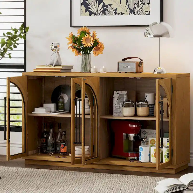 60 Farmhouse 4-Door Large Storage Vintage Sideboard with Metal Handles and Adjustable Shelves