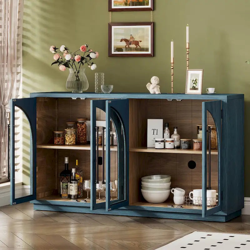 60 Farmhouse 4-Door Large Storage Vintage Sideboard with Metal Handles and Adjustable Shelves