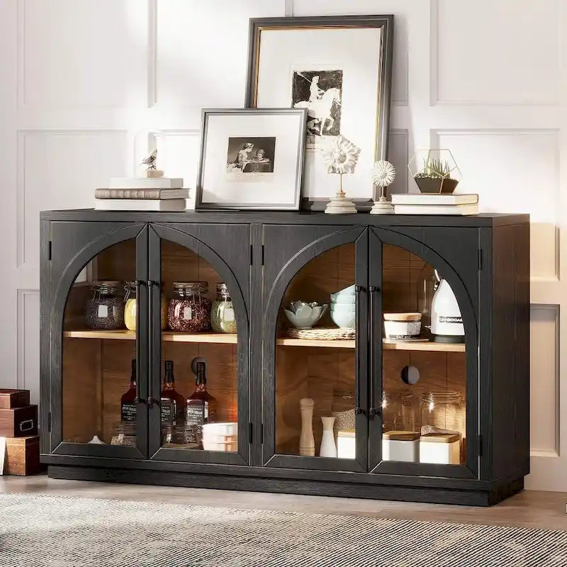 60 Farmhouse 4-Door Large Storage Vintage Sideboard with Metal Handles and Adjustable Shelves