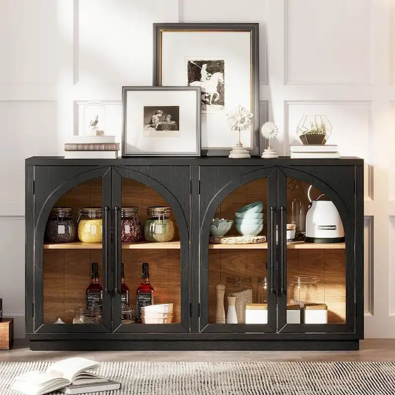60 Farmhouse 4-Door Large Storage Vintage Sideboard with Metal Handles and Adjustable Shelves